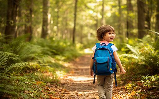 Kind mit kleinem Rucksack auf einem familienfreundlichen Waldweg