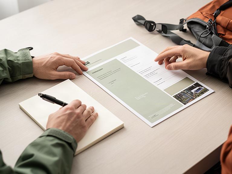 Hände prüfen eine Bestellung neben Stift, Notizbuch und Outdoor-Katalog auf einem Schreibtisch