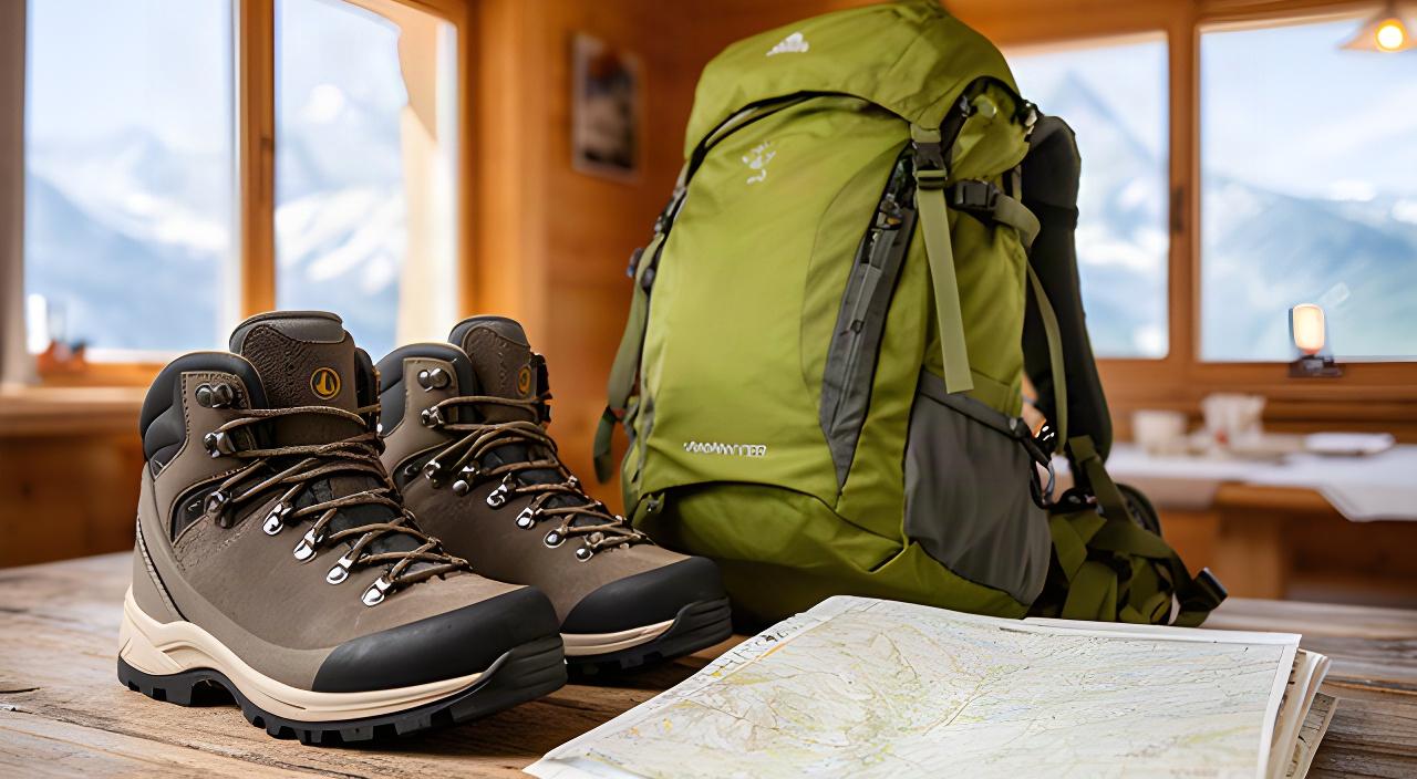 Wanderschuhe, Rucksack und Karte auf einem Holztisch in einer hellen Berghütte