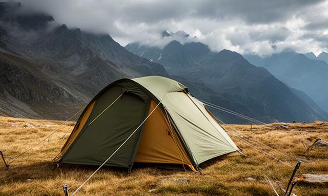 Gut abgespanntes Trekkingzelt auf einer windigen alpinen Wiese