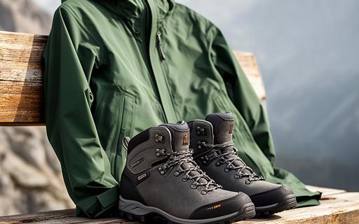 Wetterfeste Outdoorjacke und Bergschuhe auf einer Holzbank