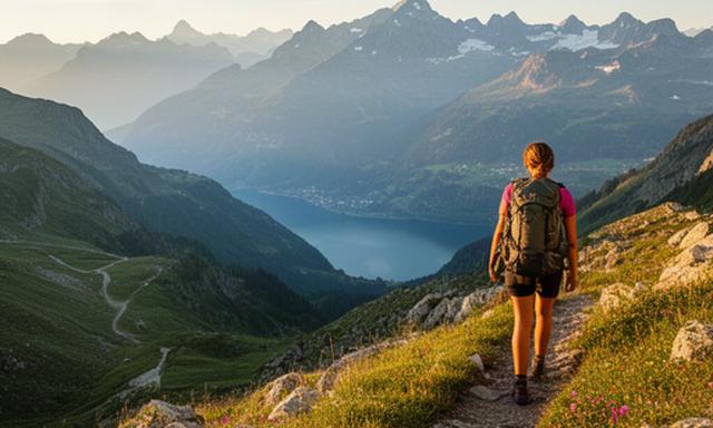 Wanderin mit Rucksack auf einem sonnigen Alpenweg oberhalb des Genfersees