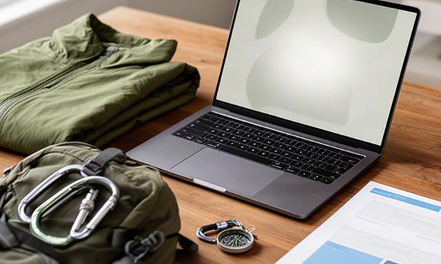 Geöffneter Laptop mit Datenschutzunterlagen auf einem Holztisch neben Outdoor-Ausrüstung