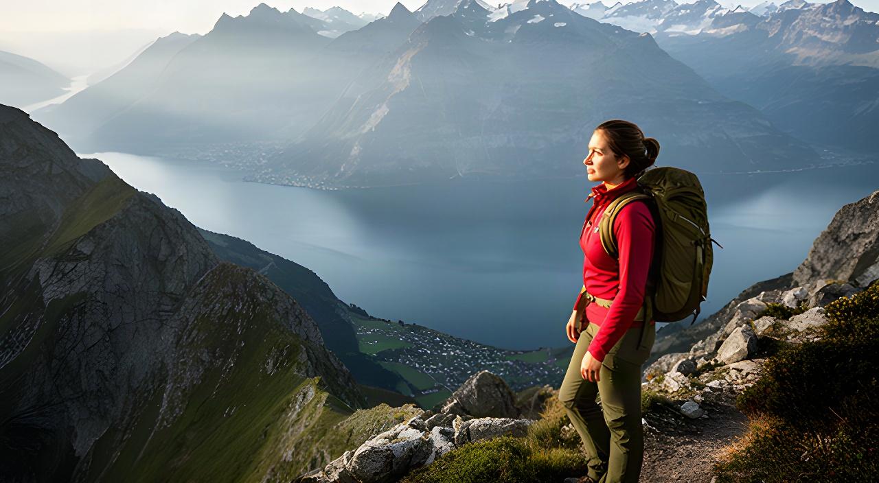 Wanderin mit Rucksack auf einem alpinen Grat über dem Genfersee