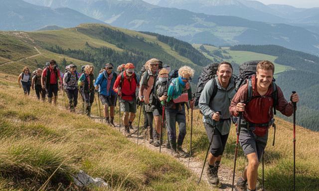 Wandergruppe auf einem sonnigen Höhenweg im Schweizer Jura mit Rucksäcken und Trekkingstöcken