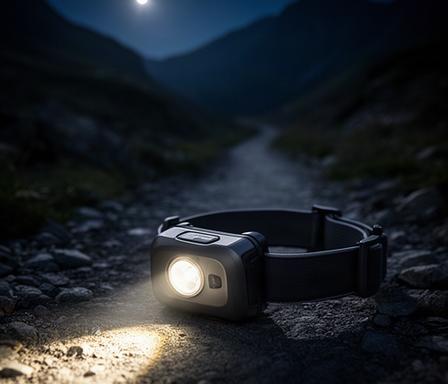 Black Diamond Sprinter 225 Stirnlampe auf einem dunklen Bergpfad