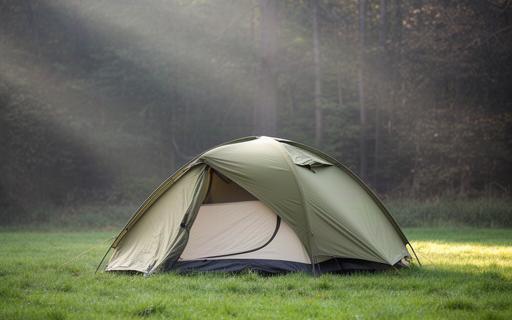 Zweipersonenzelt auf einer grünen Wiese am Waldrand