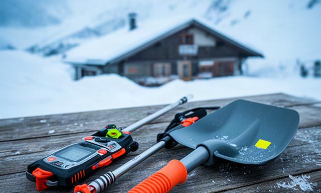 LVS-Gerät, Schaufel und Sonde auf einer verschneiten Berghütte