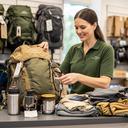Mitarbeiterin kontrolliert eine Outdoor-Bestellung mit Rucksack und Zubehör im Fachgeschäft