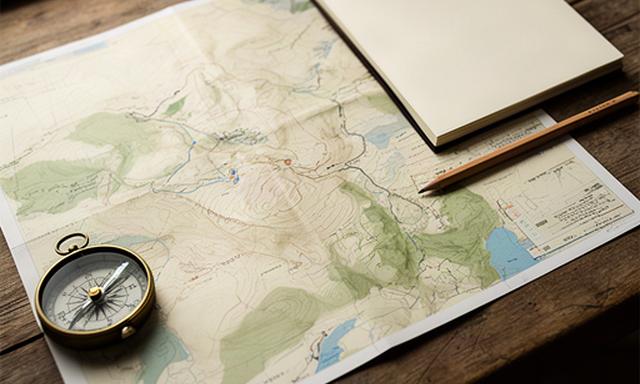 Detailansicht einer topografischen Wanderkarte neben Kompass und Notizbuch