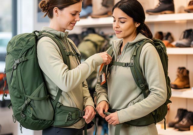 Fachperson passt einer Kundin einen Wanderrucksack mit Hüftgurt im Geschäft an