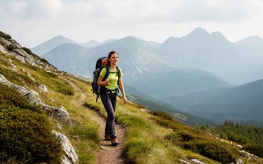 Wanderin auf einem schmalen Bergweg mit leichtem Trekkingrucksack