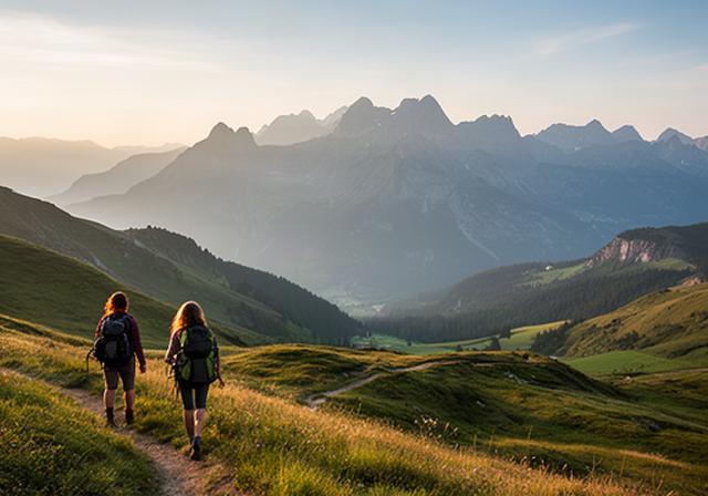 Wandernde auf einem grünen Höhenweg mit Blick auf die Berge der Genfer Region