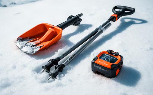 Lawinensicherheitsausrüstung mit Sonde und Schaufel im Schnee