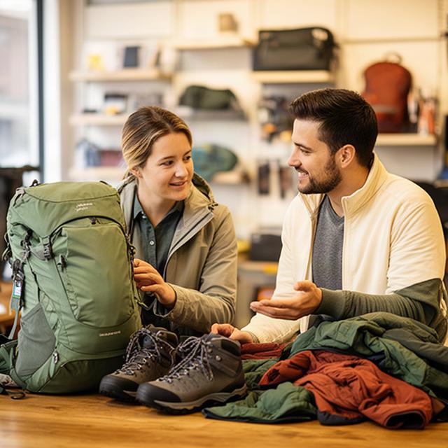 Fachberatung für Bergsportausrüstung an einem Holztisch in einem hellen Outdoor-Geschäft