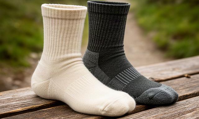 Wandersocken aus Merinowolle und Synthetik auf einer Holzbank