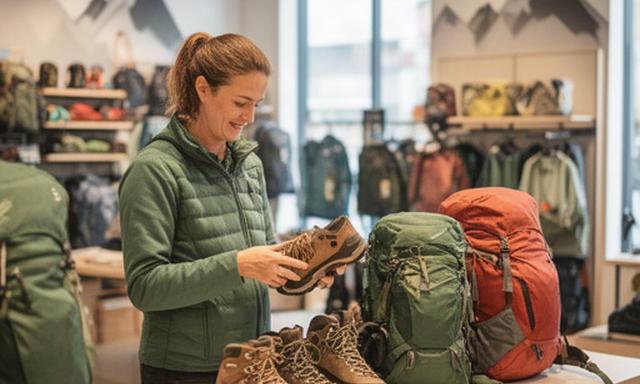 Beratung zu Bergschuhen und Rucksackausrüstung in einem hellen Outdoor-Fachgeschäft